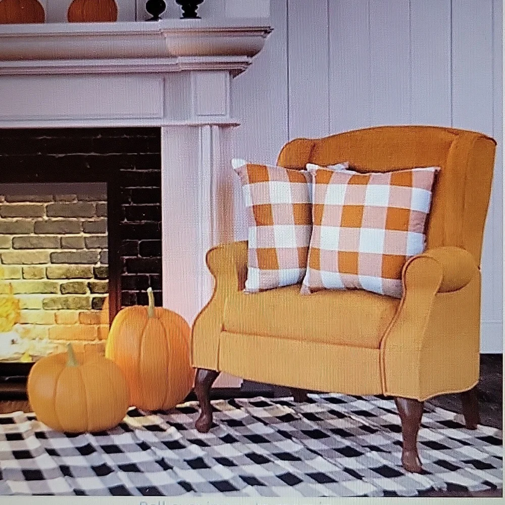 Set Of 2 orange & white Buffalo check pillow covers 16 x 16 inch linen New …